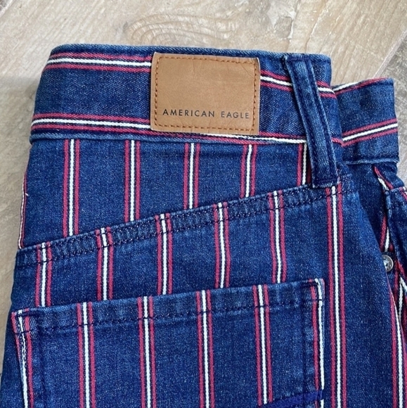 American Eagle AEO Dark Wash Denim Red Striped Mini Denim Jean Skirt Size 4 EUC - Picture 3 of 7